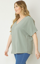 Load image into Gallery viewer, Curve Thea Essential V-Neck Short Sleeve Woven Blouse - Sage Green
