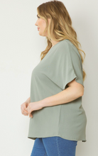 Load image into Gallery viewer, Curve Thea Essential V-Neck Short Sleeve Woven Blouse - Sage Green
