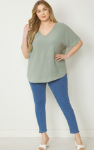 Load image into Gallery viewer, Curve Thea Essential V-Neck Short Sleeve Woven Blouse - Sage Green
