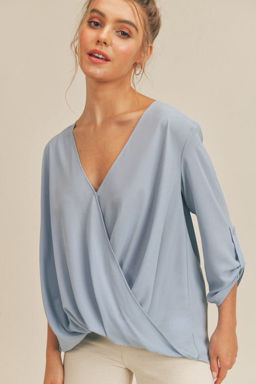 zSALE Daphne Surplice Drape Blouse - Dusty Blue