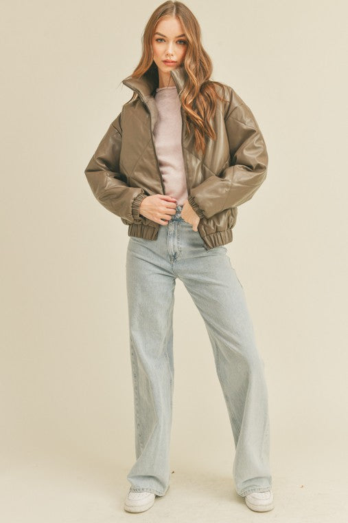 Diamond Puffer Vegan Leather Bomber Jacket - Cedar