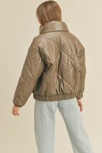 Load image into Gallery viewer, Diamond Puffer Vegan Leather Bomber Jacket - Cedar
