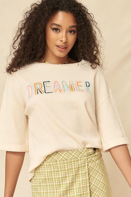 zSALE Dreamer Vintage Waffle-Knit Graphic Tee - Vanilla