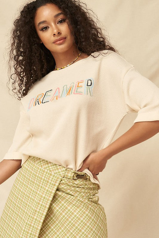 zSALE Dreamer Vintage Waffle-Knit Graphic Tee - Vanilla