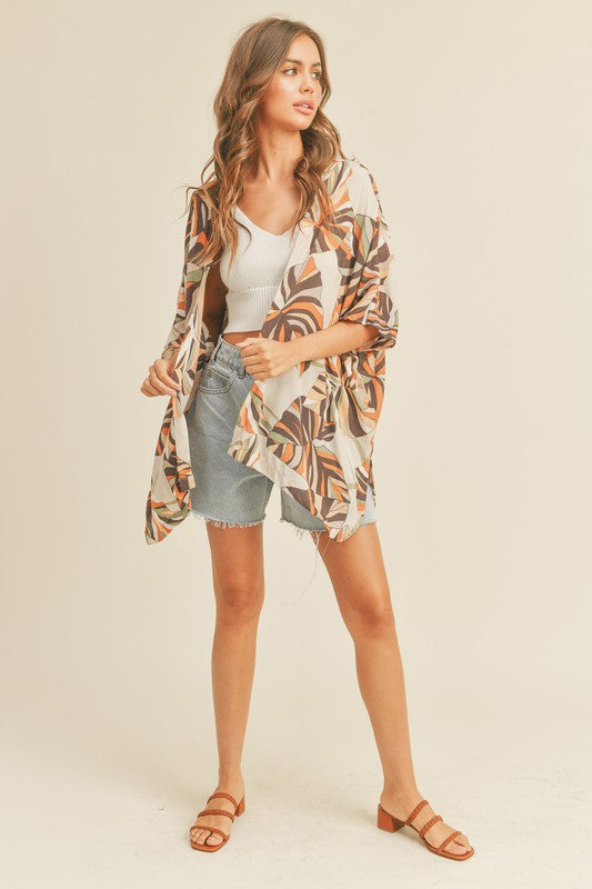 zSALE Earth Tones Abstract Tropical Print Kimono Cardigan - Multi