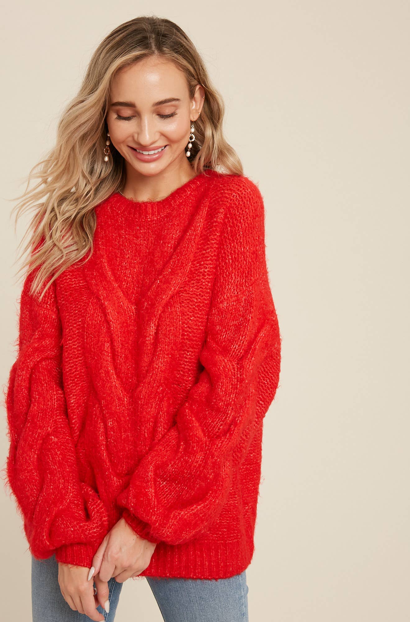 Mel Oversized Cable Knit Long Sleeve Sweater Pullover - Red
