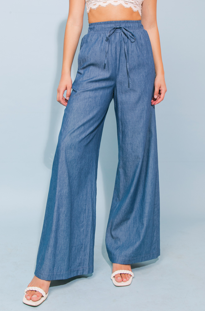 zSALE Ellen Wide Leg Drawstring High Waisted Chambray Pant - Indigo