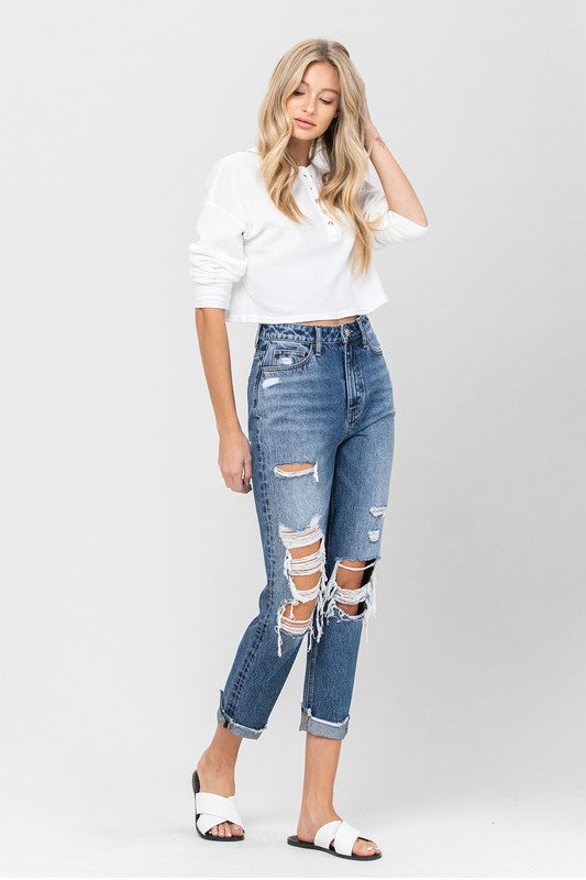 Emma High Waisted Denim Distressed Cuffed Mom Jean
