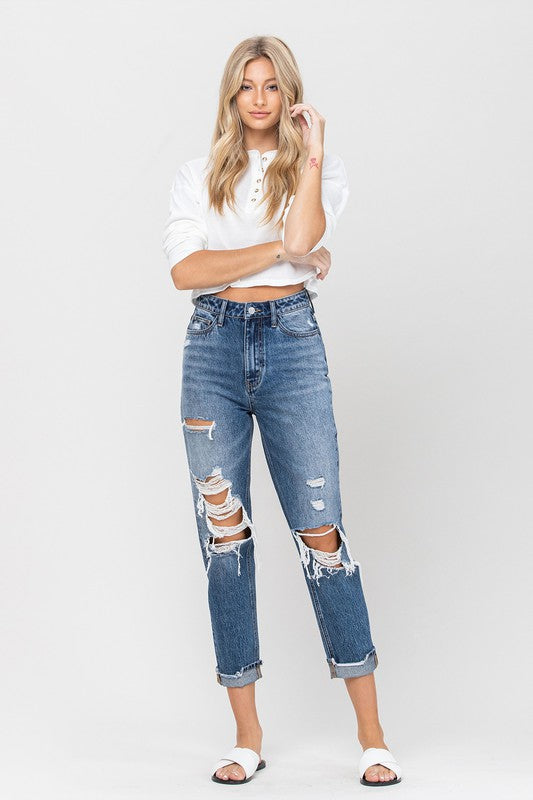 Emma High Waisted Denim Distressed Cuffed Mom Jean