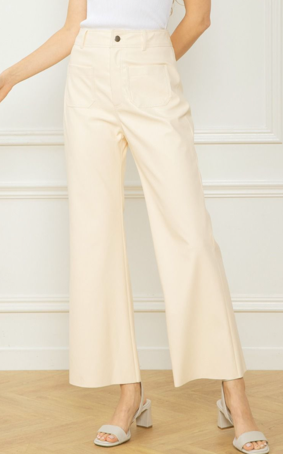 zSALE Etta High Waisted Faux Leather Wide Leg Pant - Cream
