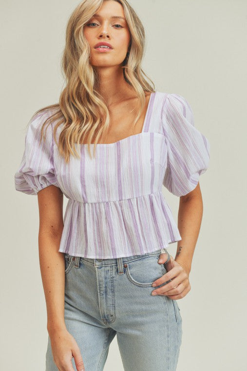 zSALE Evie Striped Puff Sleeve Smocked Back Woven Blouse - Purple Multi