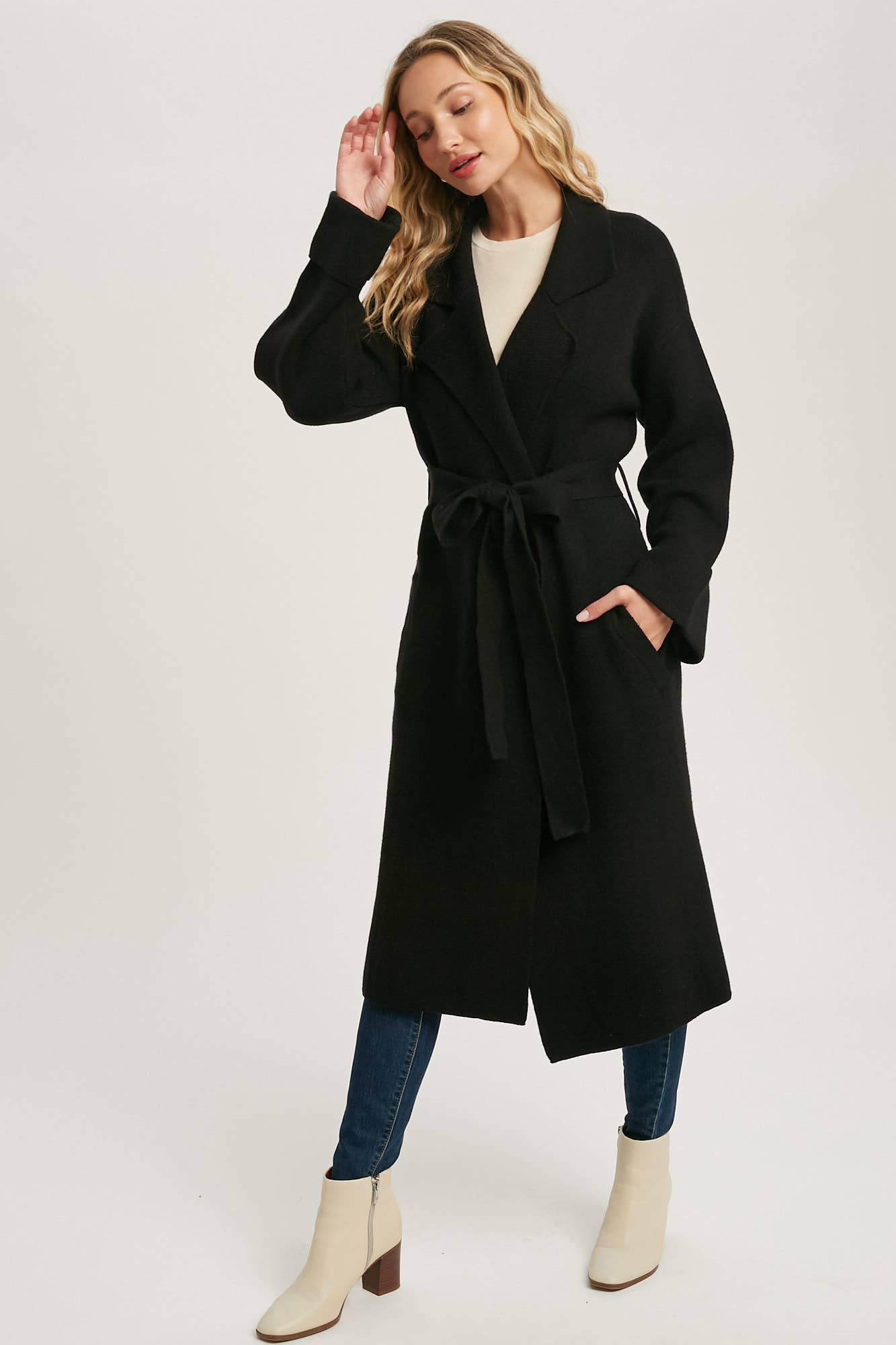 Leah Heavy Knit Trench Coat - Black