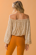 Load image into Gallery viewer, zSALE Genevieve Golden Sparkle Sequin Off The Shoulder Blouse
