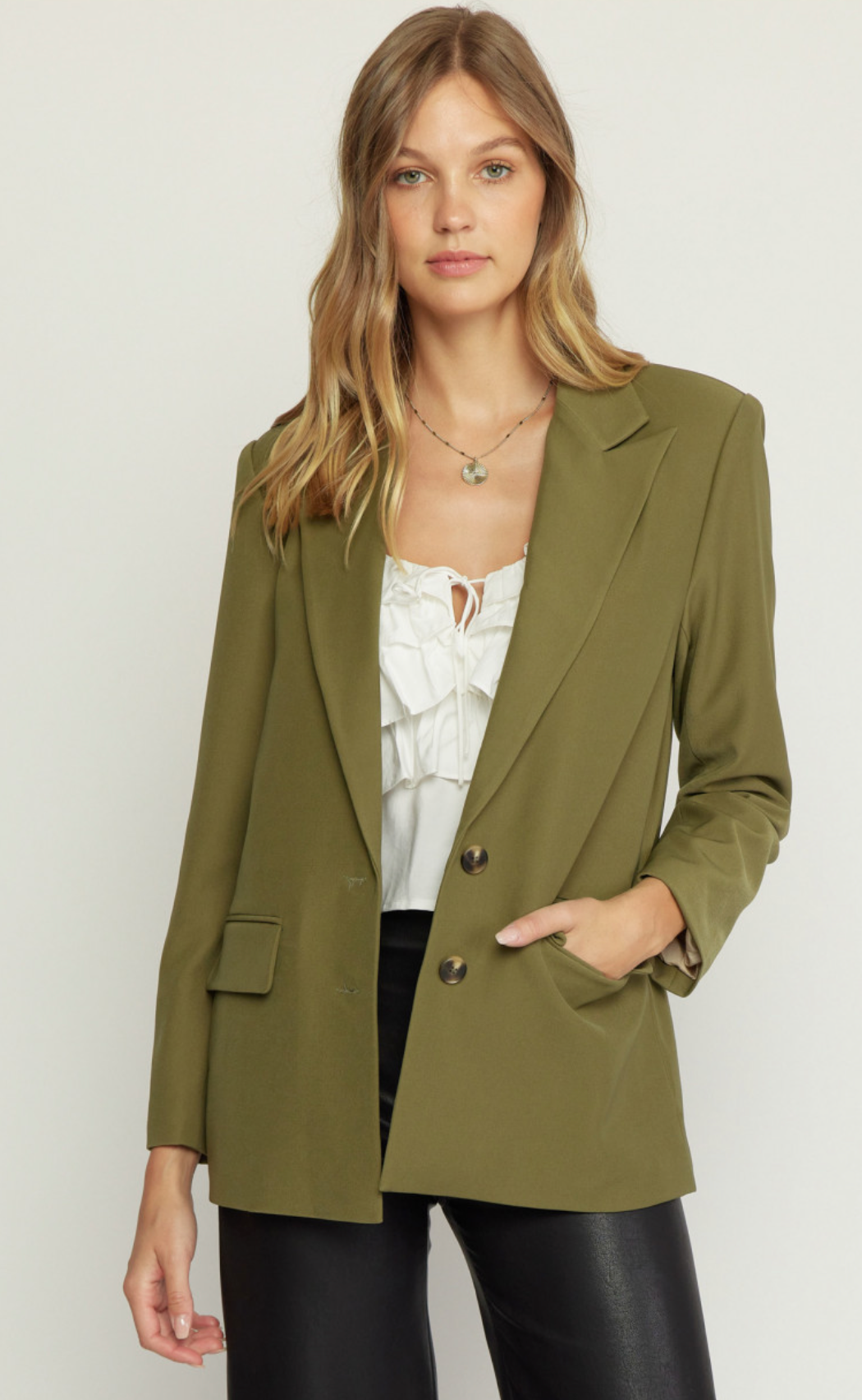 zSALE Greta Relaxed Fit Button Front Blazer - Olive