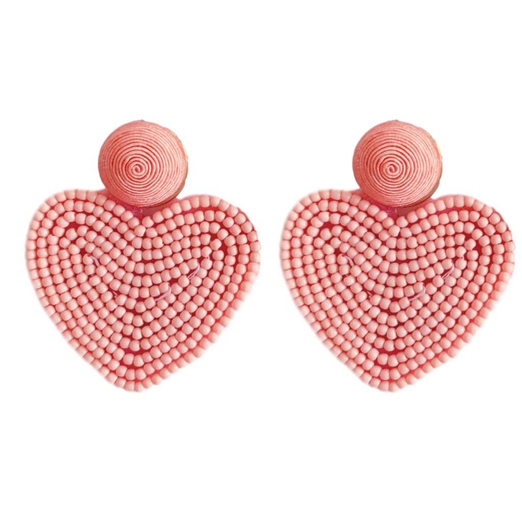Beaded Heart Shaped Earrings - Pink