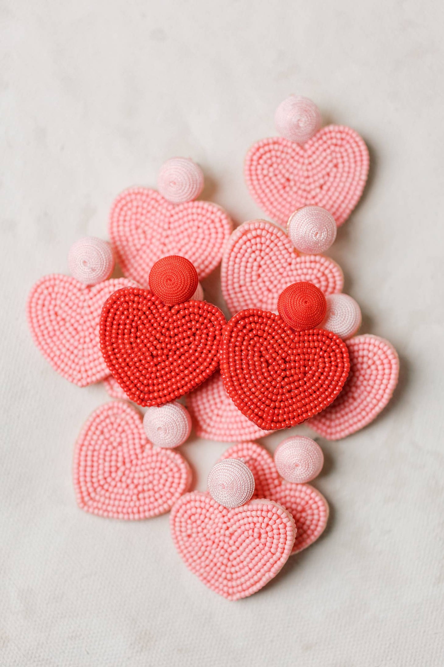 Heart Shaped Beaded Earrings - Red