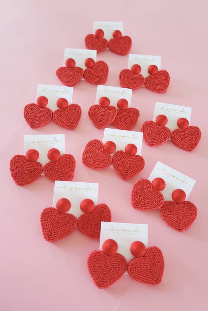 Heart Shaped Beaded Earrings - Red