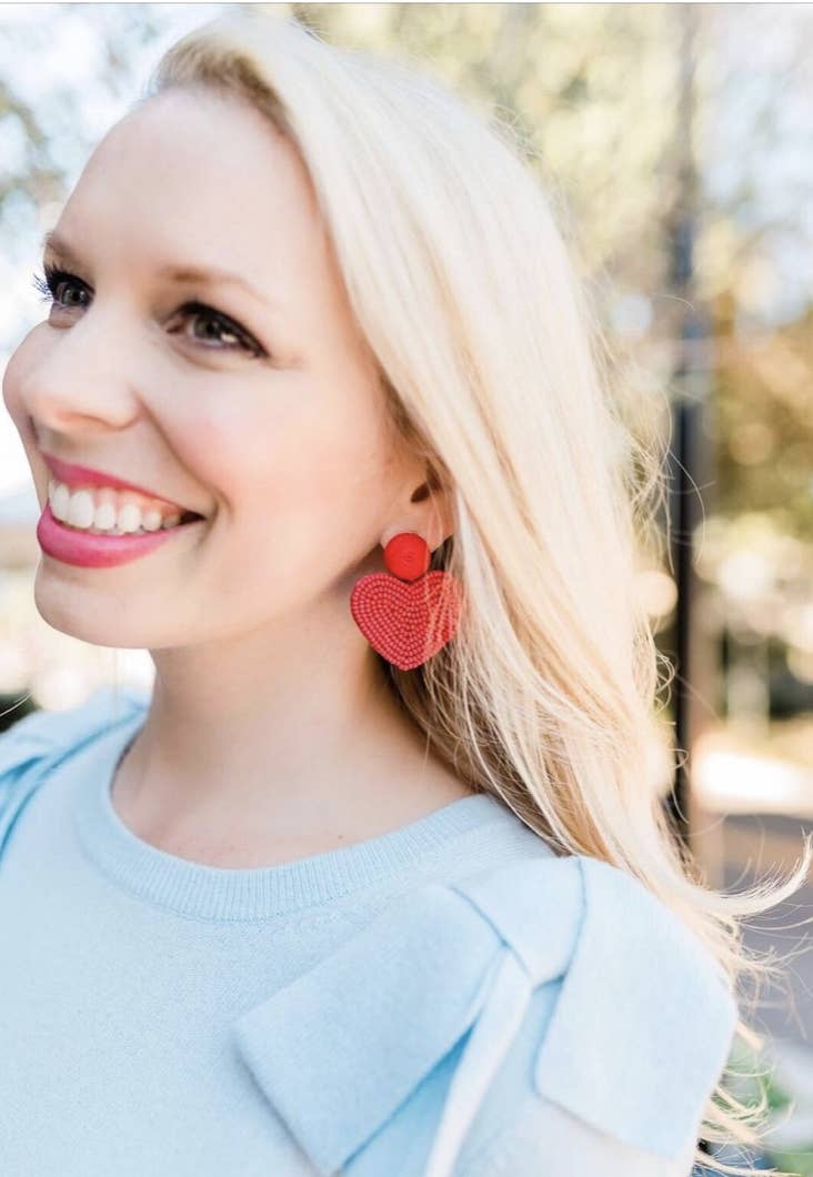 Heart Shaped Beaded Earrings - Red