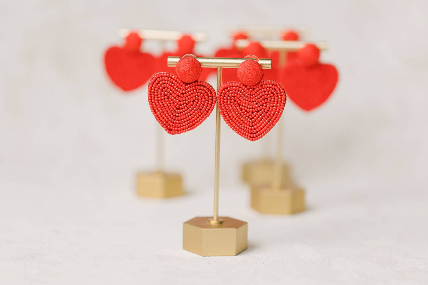 Heart Shaped Beaded Earrings - Red