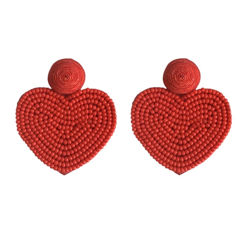 Heart Shaped Beaded Earrings - Red