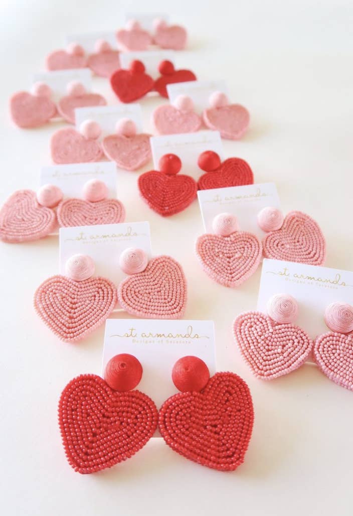Heart Shaped Beaded Earrings - Pink