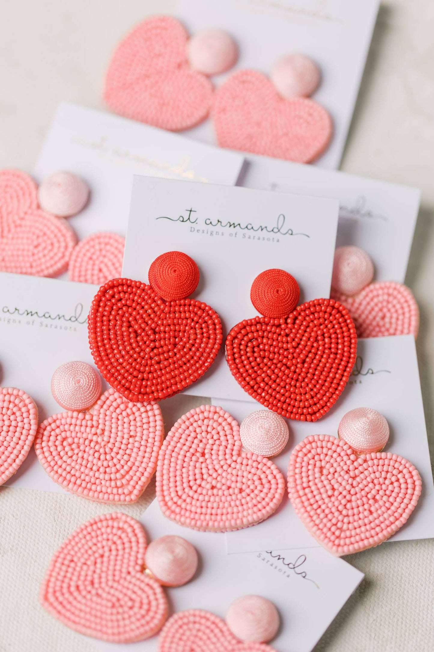 Heart Shaped Beaded Earrings - Red