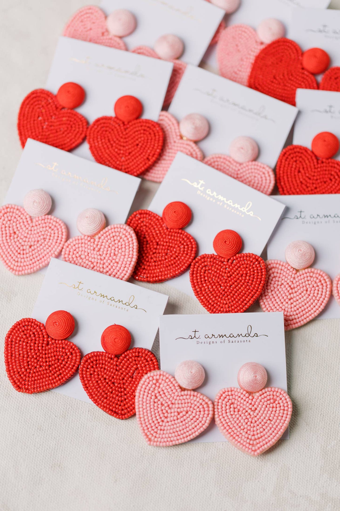 Heart Shaped Beaded Earrings - Red