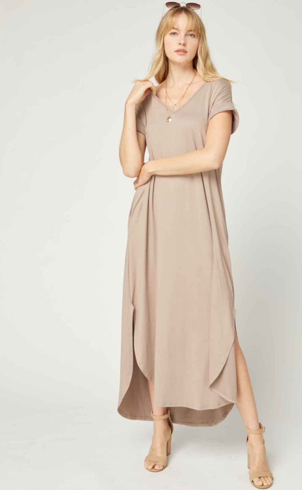 Cove Jersey Knit V-Relaxed Fit T-Shirt Maxi Dress - Sand