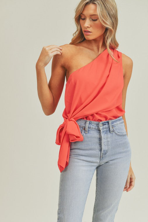 zSALE Kenna One Shoulder Side Tie Blouse - Red