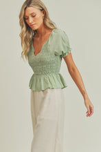 Load image into Gallery viewer, zSALE Khloe Smocked Swiss Dot Woven Blouse - Sage Green

