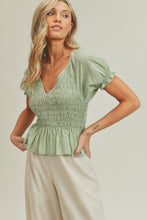 Load image into Gallery viewer, zSALE Khloe Smocked Swiss Dot Woven Blouse - Sage Green

