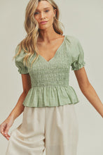 Load image into Gallery viewer, zSALE Khloe Smocked Swiss Dot Woven Blouse - Sage Green
