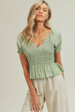 Load image into Gallery viewer, zSALE Khloe Smocked Swiss Dot Woven Blouse - Sage Green
