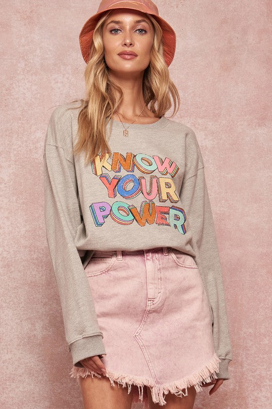 Know Your Power Vintage Long Sleeve Graphic Sweatshirt - Heather Grey