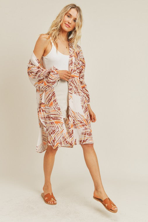 Kora Abstract Printed Long Sleeve Kimono Cover-Up - Orange Multi
