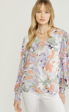 Load image into Gallery viewer, zSALE Lavender Sage Floral Print V-Neck Pleated Sleeve Blouse
