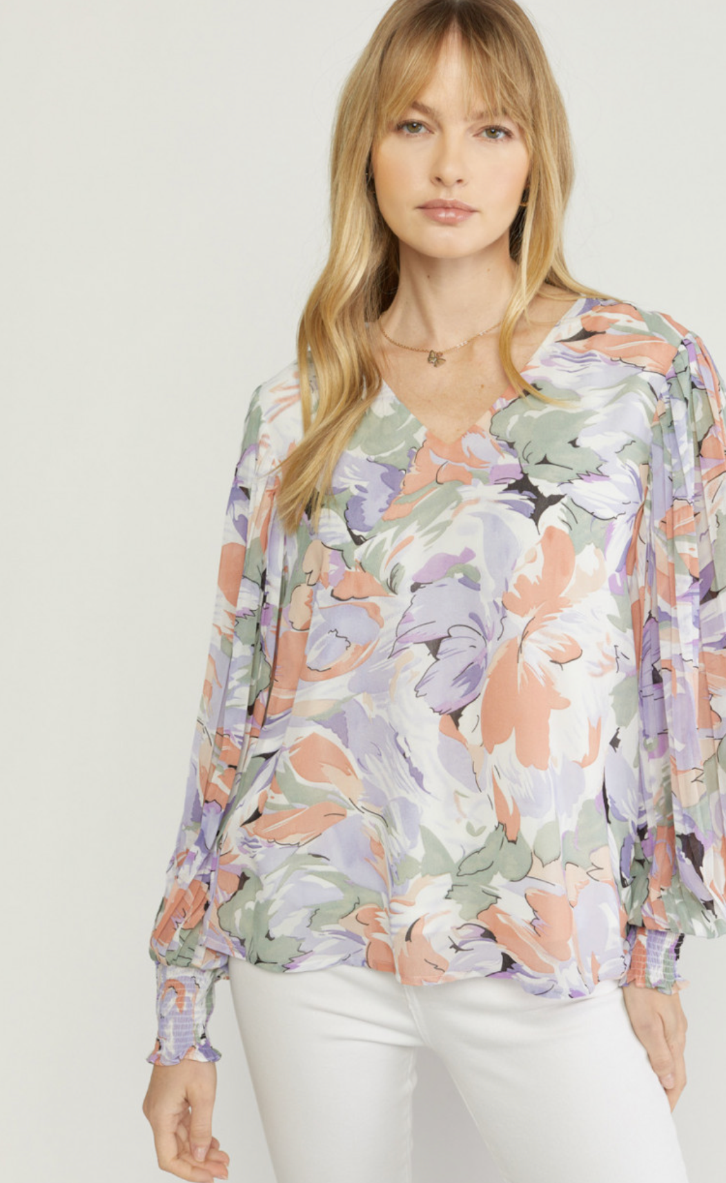 zSALE Lavender Sage Floral Print V-Neck Pleated Sleeve Blouse