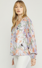 Load image into Gallery viewer, zSALE Lavender Sage Floral Print V-Neck Pleated Sleeve Blouse
