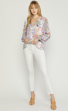 Load image into Gallery viewer, zSALE Lavender Sage Floral Print V-Neck Pleated Sleeve Blouse
