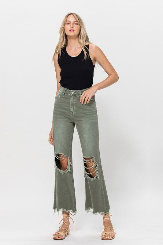 Leslie High Waisted 90s Vintage Crop Flare - Army Green
