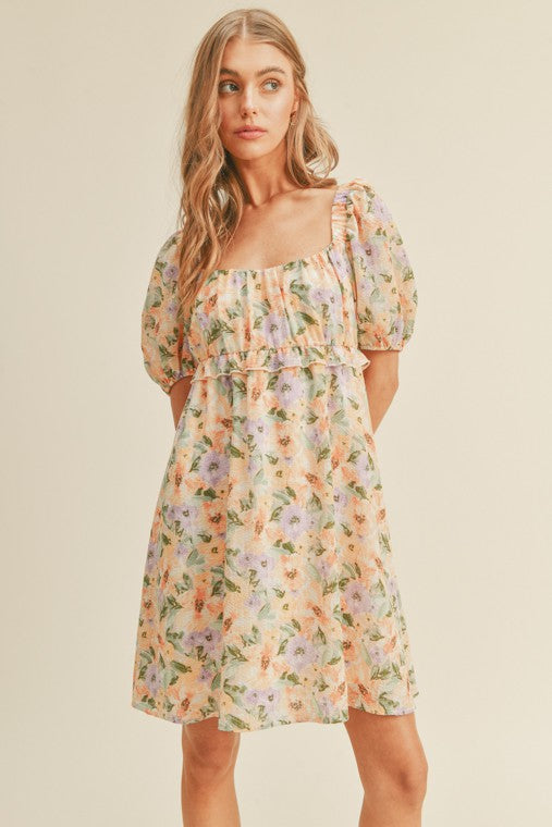 zSALE Lillian Tie Back Floral Print Babydoll Mini Dress - Purple Coral