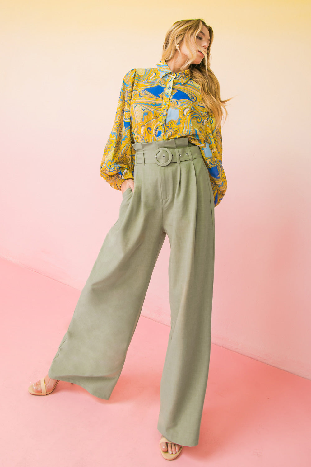 zSALE Maren High Waisted Paper Bag Wide Leg Belted Woven Pant - Sage