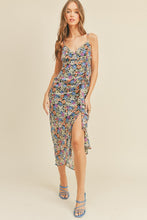 Load image into Gallery viewer, zSALE Mariah Ruffled Midi Dress Floral Front Slit with Cami Straps - Black Multi
