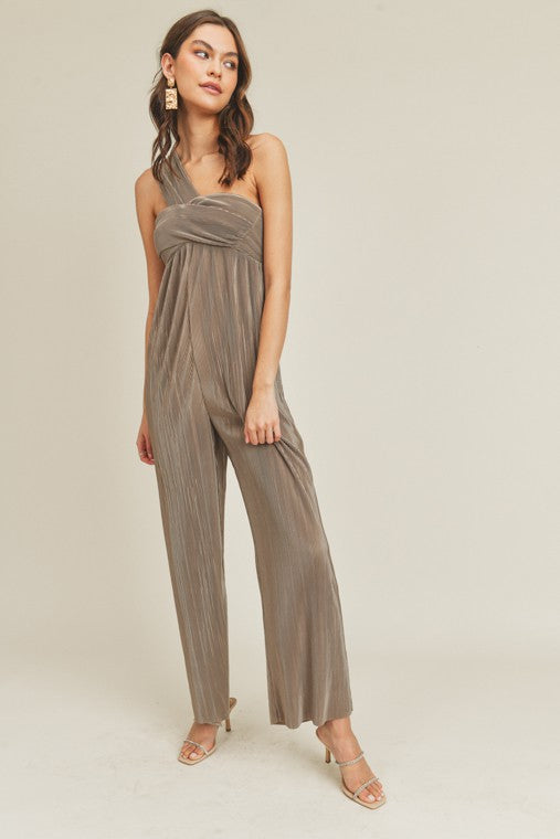 zSALE Delmare Pleated Metallic One Shoulder Jumpsuit - Ash