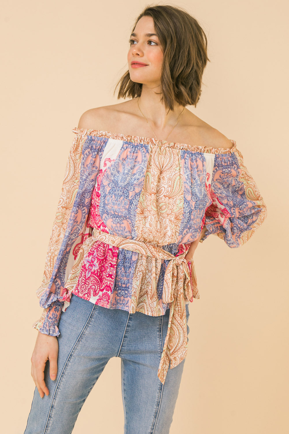 zSALE Mykonos Printed Off The Shoulder Tie Waist Blouse