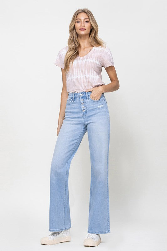 Olivia High Rise 90s Comfort Stretch Button Up Wide Leg Denim Pants - Light Wash