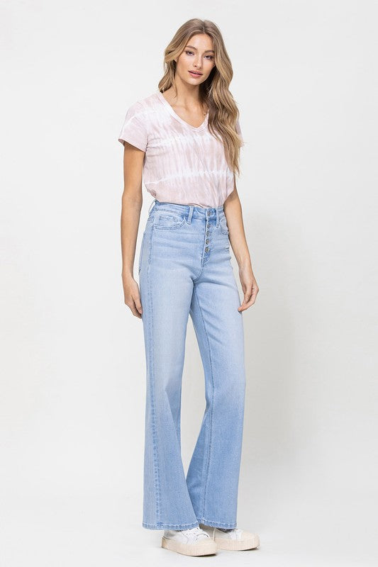 Olivia High Rise 90s Comfort Stretch Button Up Wide Leg Denim Pants - Light Wash