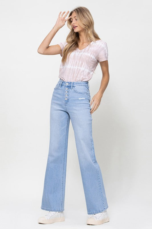 Olivia High Rise 90s Comfort Stretch Button Up Wide Leg Denim Pants - Light Wash