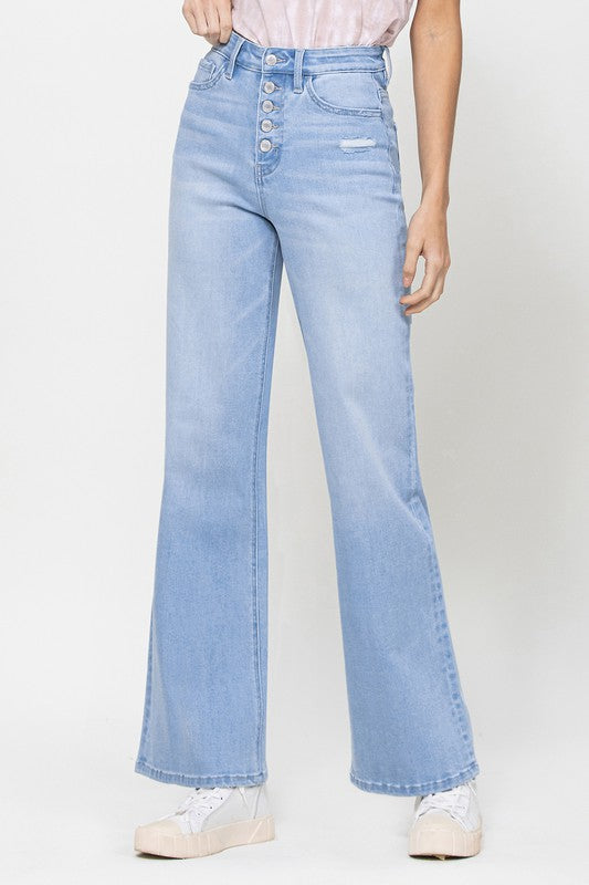 Olivia High Rise 90s Comfort Stretch Button Up Wide Leg Denim Pants - Light Wash