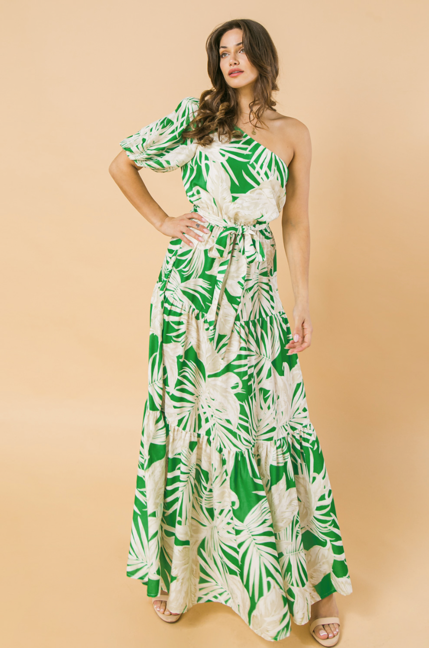 Sarasota Palm Print One Shoulder Maxi Dress - Green Multi
